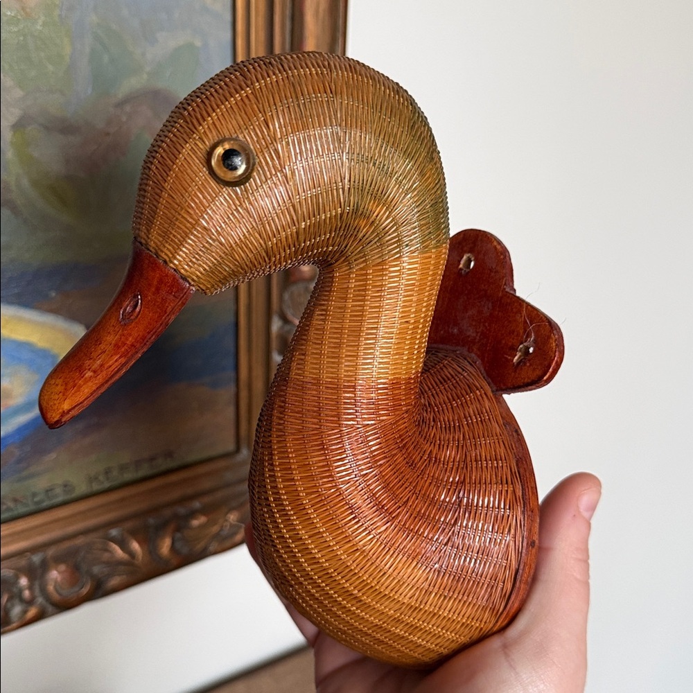 Vintage Woven Rattan Duck Figurine Faux Mount by Sebastian
